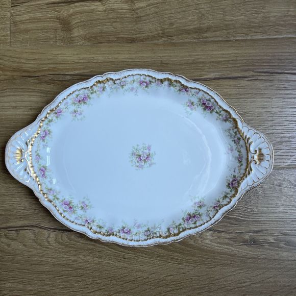 Haviland Limoges SCHLEIGER Oval Serving Platter Gold & Pink Flowers 14.5’´ - Picture 1 of 5